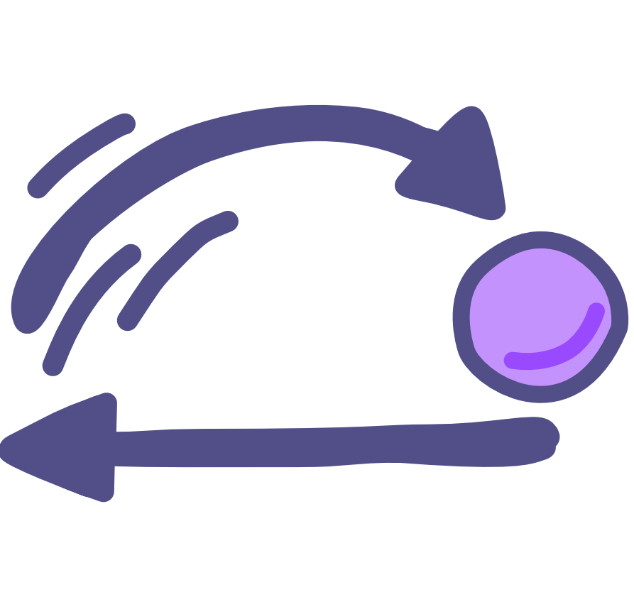 a purple arrow with motion marks along the base curves to point at a purple ball. Another purple arrow sits below the ball pointing back to the base of the first arrow